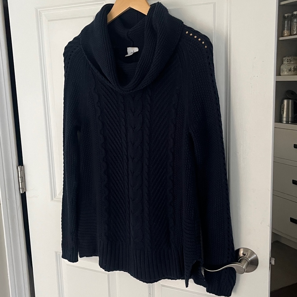 CAbi Navy Blue Oversized Cable Cotton blend Knit Cowl Neck Sweater Sz small